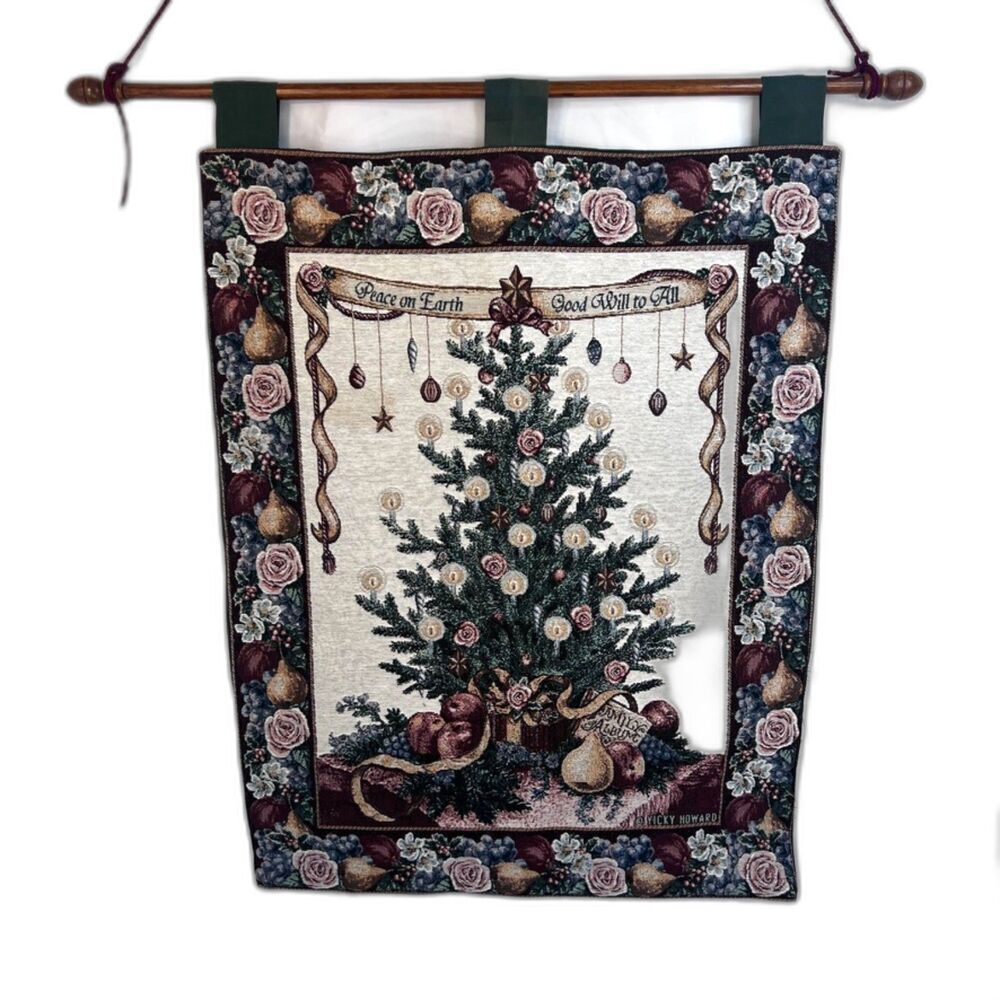 Vicky Howard Large Christmas Hanging Tapestry Peace on Earth Holiday Wood Rod